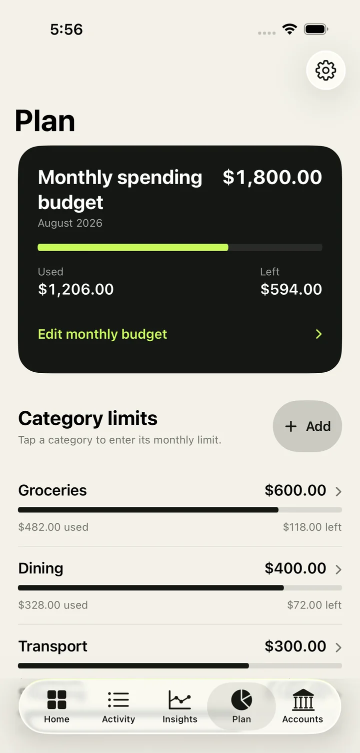 The Plan tab in PaceSpend