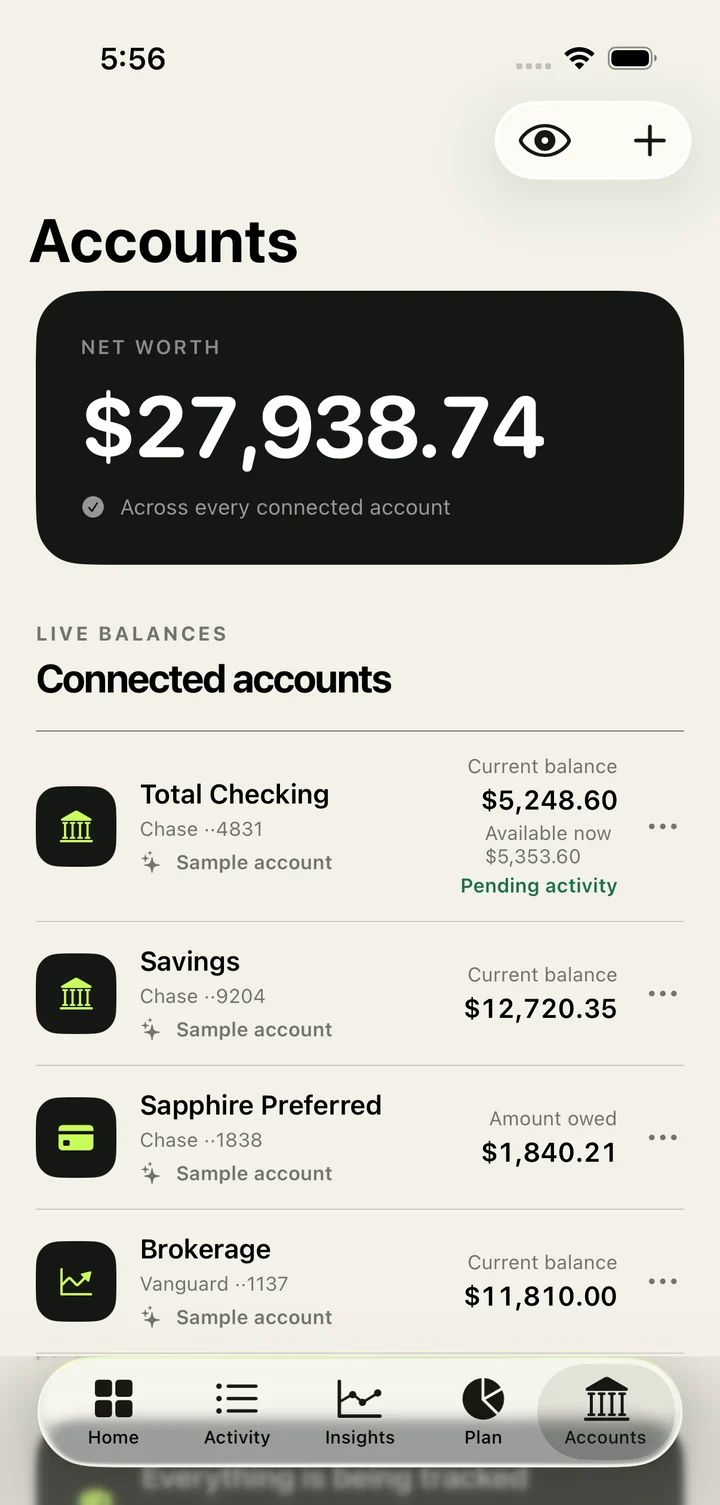 The Accounts tab in PaceSpend